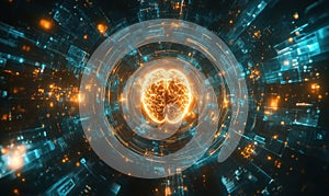Futuristic digital brain surrounded by glowing data streams and circuits