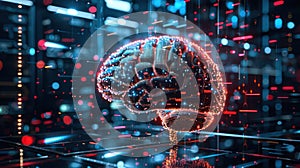 Glowing Brain with Digital Data Stream, Neural Network Connection and Artificial Intelligence