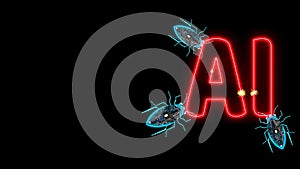 Futuristic digital Bug attack AI red text and mirco processer circuit on black screen photo