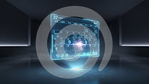 Futuristic digital calendar interface displayed in a dark, high-tech environment with glowing elements