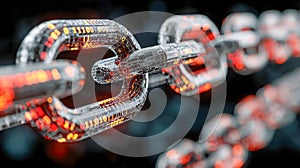 Futuristic digital chain links glowing with binary code and circuit patterns symbolizing blockchain technology and secure data
