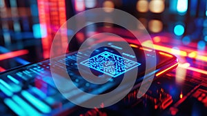 Futuristic digital checkout process with smartphone scanning QR code in augmented reality interface