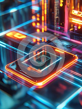 Futuristic digital checkout with smartphone scanning QR code in glowing augmented reality interface