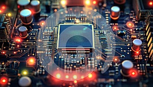Futuristic digital circuit board with glowing components for advanced data processing technology.