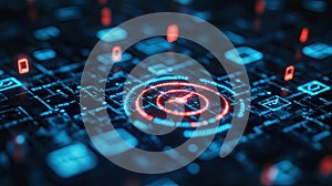 Futuristic Digital Circuit Board with Glowing Data and Target