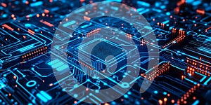 A Futuristic Digital Circuit Board in Neon Lights with Tech Elements photo