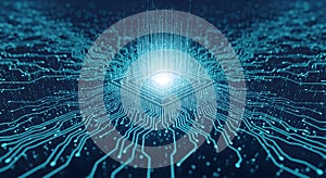 Futuristic Digital Circuit Board Processor: Glowing Lines of Data Flow and Processing, Computer Technology