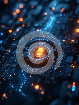 Futuristic digital circuit with glowing elements and patterns