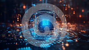 Futuristic digital circuit with a glowing microprocessor at its center