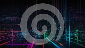 Futuristic Digital Circuit Grid with Neon Lines photo