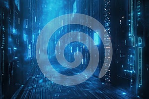 Futuristic digital city glowing blue network pathway