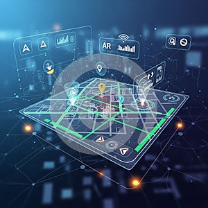 Futuristic digital city map interface with augmented reality AR elements
