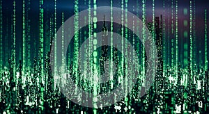 Futuristic Digital City Skyline with Binary Code Rain