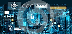 Futuristic Digital City Skyline with Cyber Security Elements, AI Visualization, Data Encryption, and Technology Concepts