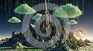 Futuristic Digital Cityscape with Binary Clouds