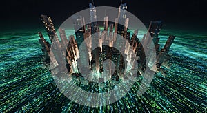 Futuristic Digital Cityscape with Binary Code