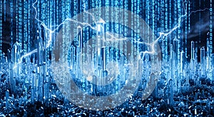 Digital Cityscape with Binary Code Rain and Lightning