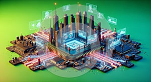 Futuristic Digital Cityscape with Data Analytics and AI Technology on Microchip