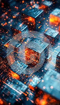 Futuristic digital cityscape with glowing circuit elements and vibrant light effects