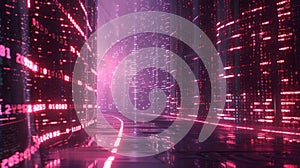 Cyberpunk Cityscape with Binary Code and Neon Glow, Abstract Digital World with Red Data Streams