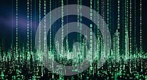 Digital Cityscape with Falling Binary Code - Futuristic Technology and Data Flow