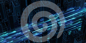 Digital Cityscape with Neon Binary Code