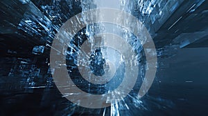 Futuristic digital cityscape showing abstract data stream pathway