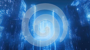Futuristic digital cityscape showing data network and metaverse concept