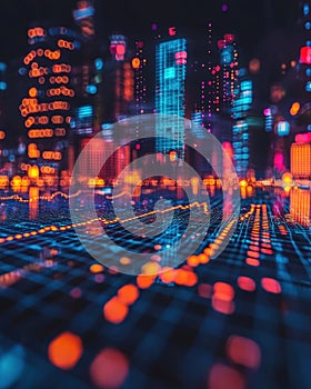 Futuristic digital cityscape with vibrant neon lights and data visualization elements