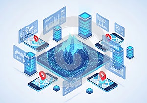 Futuristic digital cityscape visualization with mobile devices and data streams