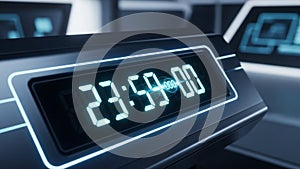 Futuristic digital clock displaying time on modern technology interface