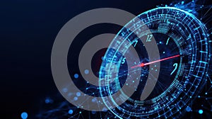 Futuristic digital clock with glowing lines and nodes on dark background