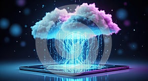 Futuristic digital cloud computing data transfer abstract concept with glowing light rays
