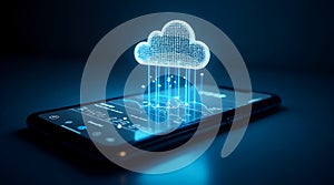 Futuristic digital cloud computing data transfer from a smartphone display to the cloud