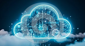 Futuristic Digital Cloud Computing Network with Circuit Board Elements and Glowing Orbs technology data
