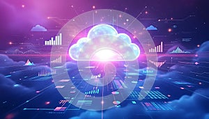 Futuristic digital cloud computing network with glowing data streams and abstract technology elements