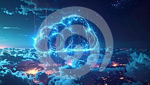 Futuristic Digital Cloud Computing Network Over Cityscape