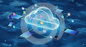 Futuristic digital cloud computing network technology data storage and connectivity abstract blue digital art