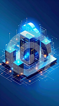 Futuristic digital cloud computing server farm network technology abstract
