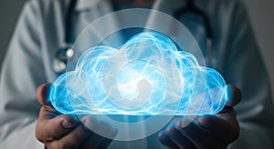 Futuristic digital cloud concept held in hands representing cloud computing and data storage technology