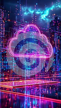 Futuristic digital cloud icon with vibrant neon lights and data visualization elements