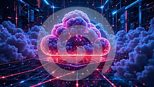 Futuristic Digital Cloud Infrastructure with Glowing Network and 3D Servers High Tech Cloud Computing Visualization