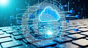 Futuristic digital cloud network with interconnected data nodes and circuits