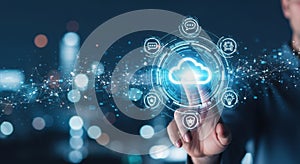 Futuristic digital cloud technology interface touchscreen data network connection