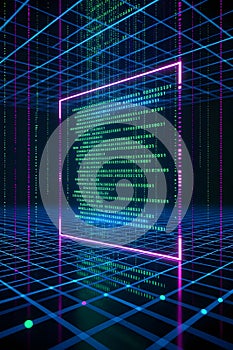 Futuristic Digital Code Interface With Neon Grid And Binary Data Flow