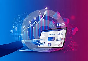 A hand points to charts and graphs, suggesting interaction with data