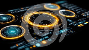 Futuristic Digital Control Panel with Glowing Elements and Interactive Interface for Technology and Science Applications