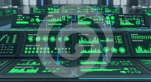 Futuristic digital control room with rows of glowing green data displays and complex graphs