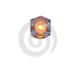 Futuristic Digital Core Glowing Within Translucent Circuit Patterned Tech Cube Structure