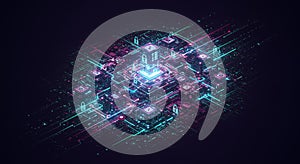 Futuristic digital core with neon data security architecture